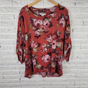 Rebecca Malone Womens Sweater 3X Plus Roll Tab Sleeve Red Floral Studded FLO188E